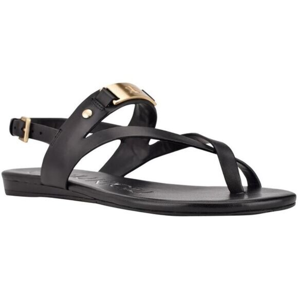 Calvin Klein Womens Sadra Black Leather Thong Strappy Flat Sandals Shoes l 7 - Picture 1 of 6